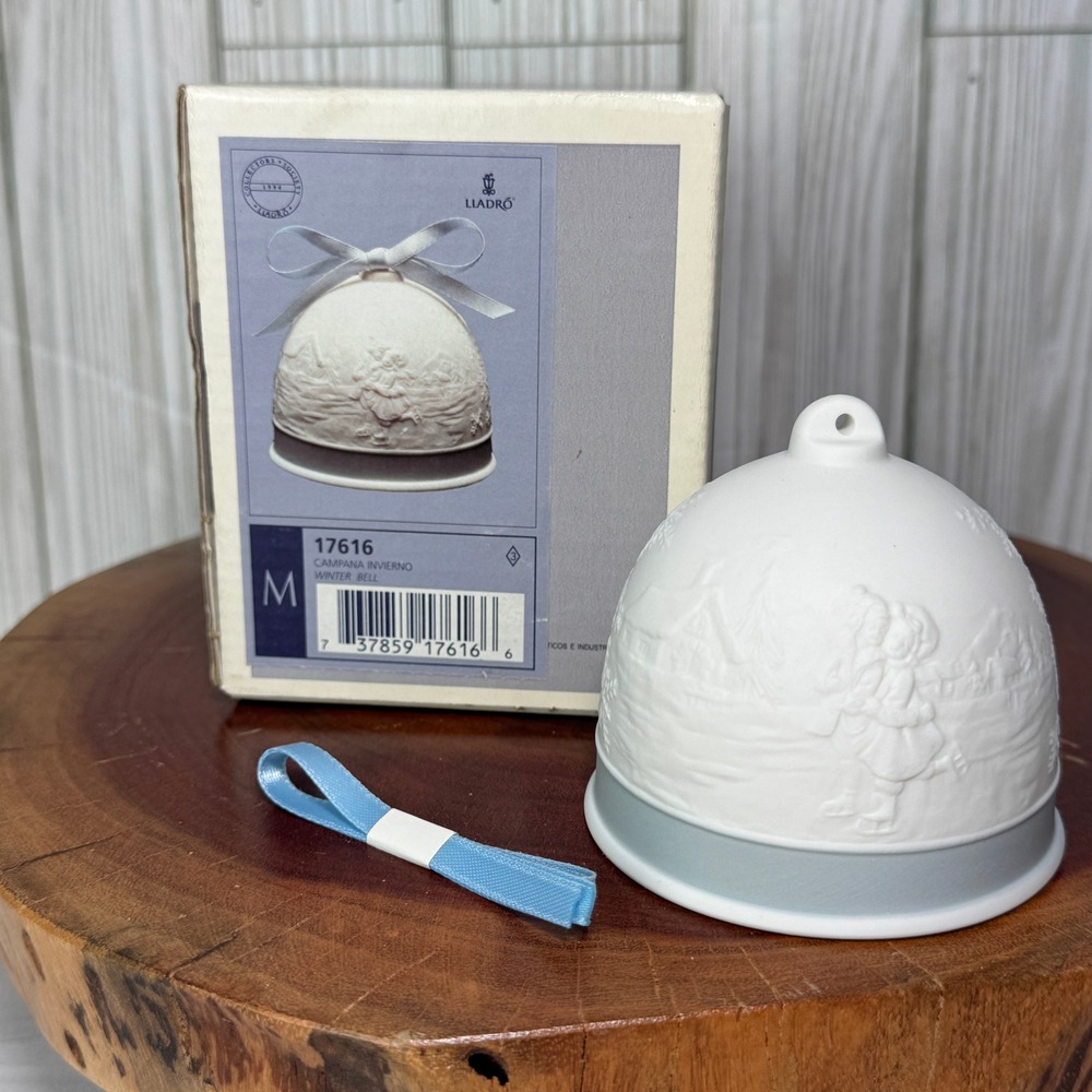 Lladro 17616 Winter Bell 1994 Porcelain‎ Ornament Matte Bisque Blue Ribbon Box